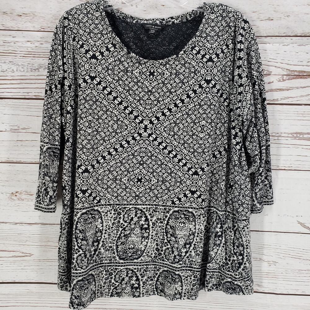 Lucky Brand Women's Black White Floral Paisley 3/4 Sleeve Top Size 1X